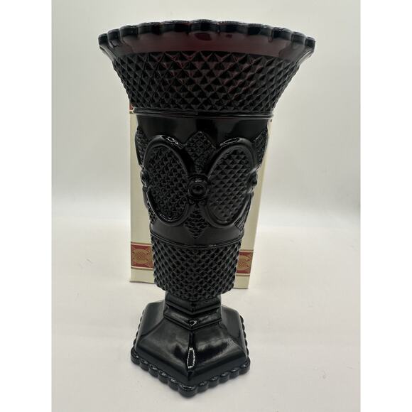 Vintage Avon 1876 Cape Cod Collection Ruby Red Glass Footed Vase 8" new in box! - Picture 1 of 7